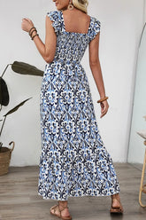 Smocked Printed Square Neck Dress OutfitFlow